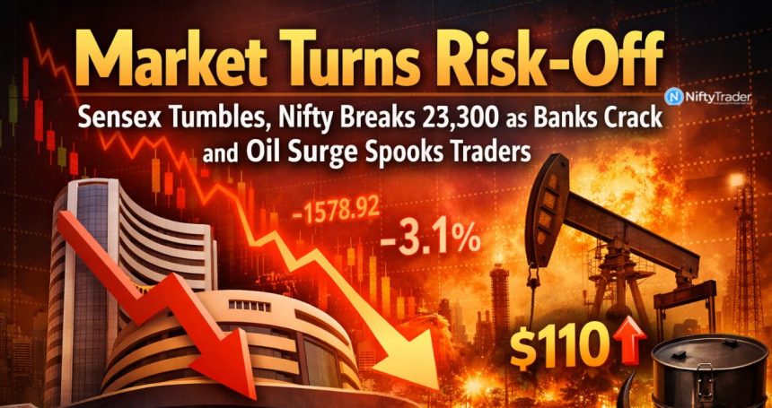 Market Turns Risk-Off: Sensex Tumbles, Nifty Breaks 23,300 as Banks Crack and Oil Surge Spooks Traders