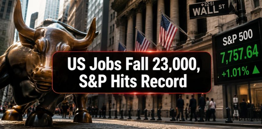 23,000 Jobs Lost, S&P 500 Hits Record 7,757, Nasdaq +1.3%, Fed Odds Fall to 44%