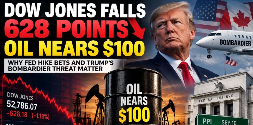 Dow Jones Falls 628 Points as Oil Nears $100: Why Fed Hike Bets and Trump’s Bombardier Threat Matter